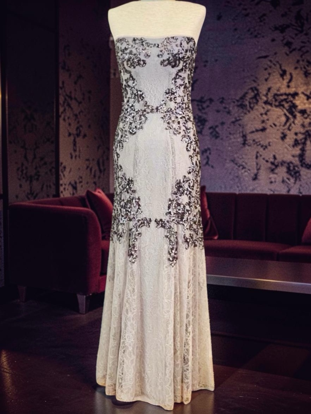 BCBGMAXAZRIA Silver Grey Lace Sequin Strapless Gown